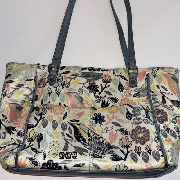 SAKROOTS LIGHT BLUE FLORAL AND BIRD TOTE VYNYL MATERIAL CREAM BREAM BACKGROUND - Picture 1 of 16
